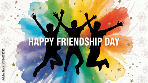 Joyful Friends Jumping on Happy Friendship Day Over Colorful Background with Gold Star Accents