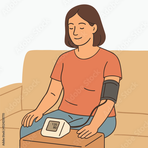 A woman using a home blood pressure machine.