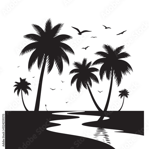 Silhouette illustration of palm trees on a beach scene with flying birds over a river