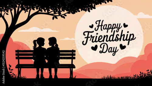 Two Friends Sitting on Bench Silhouette Celebrating Happy Friendship Day Under a Tree