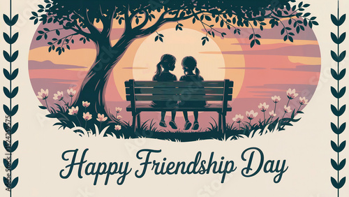 Two Girls on Bench Under Tree at Sunset Happy Friendship Day Card Illustration