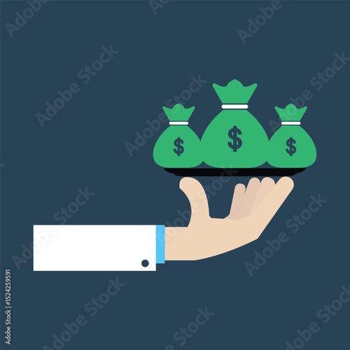 hand holding green money bag on dish. concept of sack with stack of coin or many bucks fund or depositor payout. flat trend creative graphic simple infographic design element isolated on background