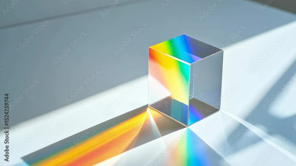 Optical glass cube dispersing rainbow spectrum light onto a white surface casting colorful shadows in a spectrum prism physics experiment
