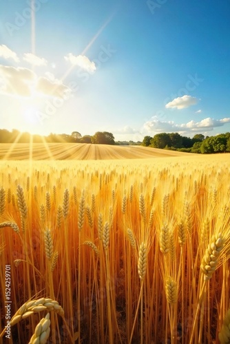 Golden wheat field shimmering under the summer sun, ripe for harvest Abundant crop, agricultural landscape, rural scene , farmland landscape, sunlight, rural idyll