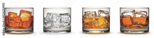 Four whiskey tumblers with ice