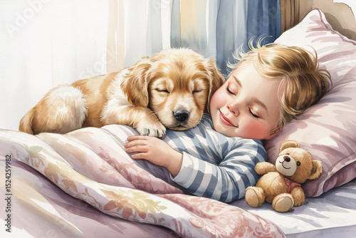 Watercolor Painting of Sleeping Girl with Golden Retriever Puppy and Teddy Bear in Bed