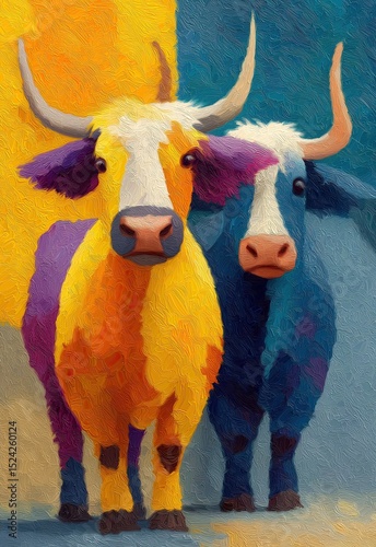 Colorful oil painting, two cows in portrait style.