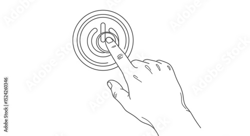 Hand pressing a power button, line art illustration on transparent background.