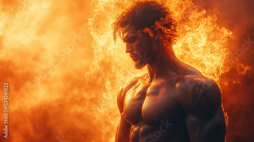 A portrait of a muscular man engulfed in flames, his fierce and intense gaze radiating raw strength, power, and burning determination. 