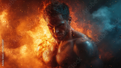 A portrait of a muscular man engulfed in flames, his fierce and intense gaze radiating raw strength, power, and burning determination. 