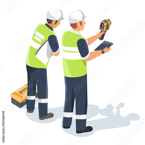 Maintenance technician using thermal scanner to inspect industrial equipment while another technician observes and prepares tools on white background