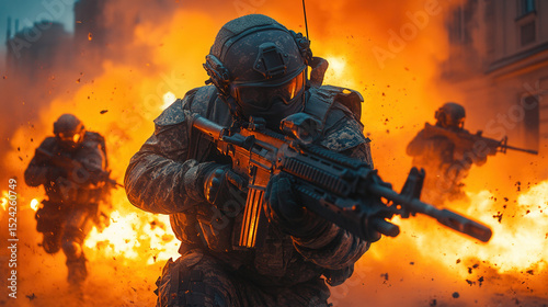 close-up of armored soldiers firing weapons in urban firefight 