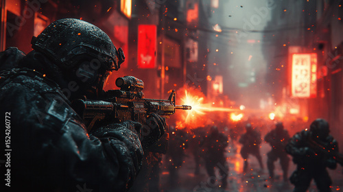 close-up of armored soldiers firing weapons in urban firefight 