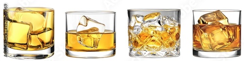 Four glasses of amber liquor with ice
