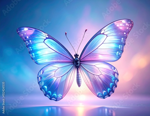 Glassy butterfly with luminous stained-glass wings shimmering with soft internal light.