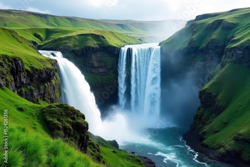 Serene waterfall cascading down lush green hills, creating a misty veil Perfect for travel, nature, and environmental themes , season, trees, ecology