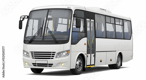 White minibus from a three-quarter perspective on a white background. Featuring a rounded front end, tinted windows, a sliding door, and silver trim, perfect for vector use.