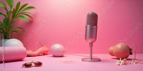 A microphone stands on a pink surface, surrounded by various feminine accessories , texture, closeup, background