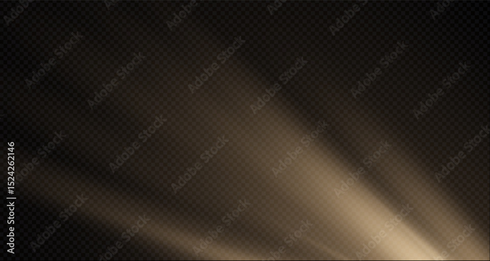 Obraz premium Sunlight effect on transparent background. Golden rays with luminous particles. Soft golden sun rays with glare. Light on the podium. Bright flash. Vector illustration.