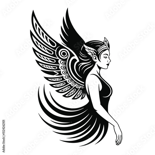 A striking black vector silhouette of a woman with flowing hair and bird wings, adorned with floral tattoos, embodies artistic beauty and the symbolism of nature
