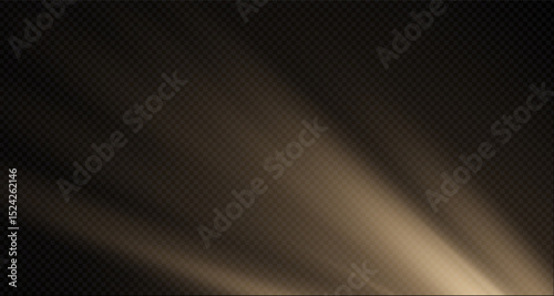 Sunlight effect on transparent background. Golden rays with luminous particles. Soft golden sun rays with glare. Light on the podium. Bright flash. Vector illustration.