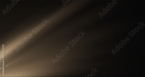 Sunlight effect on transparent background. Golden rays with luminous particles. Soft golden sun rays with glare. Light on the podium. Bright flash. Vector illustration.