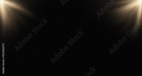 Sunlight effect on transparent background. Golden rays with luminous particles. Soft golden sun rays with glare. Light on the podium. Bright flash. Vector illustration.