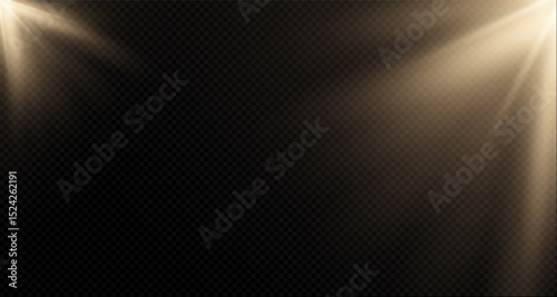 Sunlight effect on transparent background. Golden rays with luminous particles. Soft golden sun rays with glare. Light on the podium. Bright flash. Vector illustration.