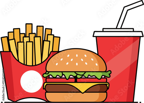 Flat Vector Fast Food Combo with Burger, Fries, and Soda in Red Packaging