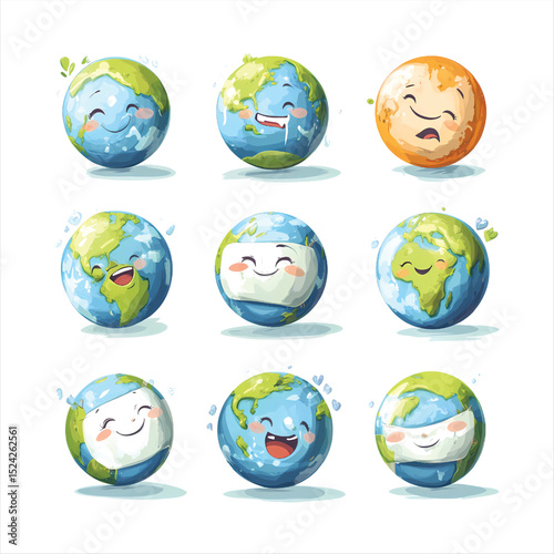 Cute earth character smile emotions set transparent background