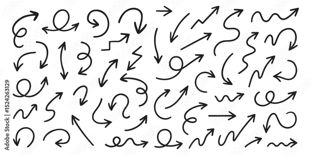 Set of vector hand drawn arrow icons. Set of black arrow icons. Circular arrows, arrow rotation, process repeat symbol. Set of vector hand drawn arrow icons. Set of black arrow icons. Circular arrows, arrow rotation, process repeat symbol.