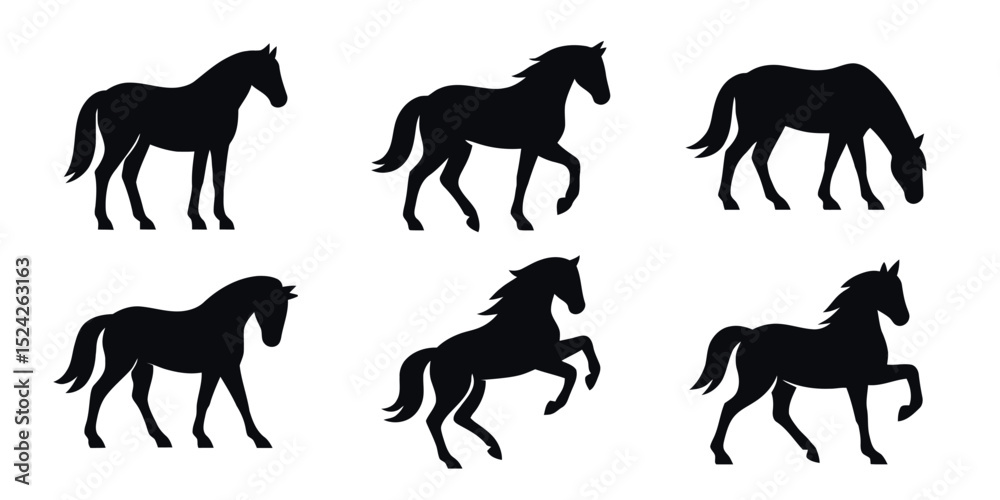 Obraz premium Set of horse silhouette animal set isolated on white background. Black horses graphic element icon vector illustration.