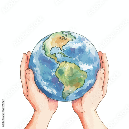 Watercolor Earth Globe Gently Held in Caring Hands