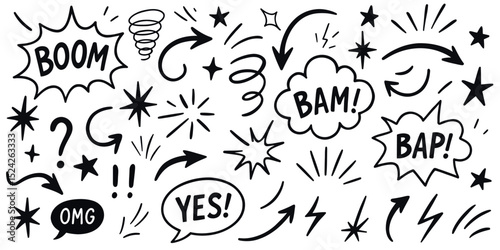 Hand drawn set of comics bombs and explosions. Speech bubbles with words pow, wow, bang and boom. Vector doodle illustration