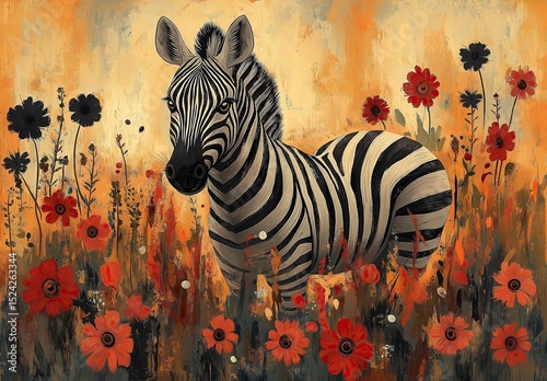 Illustration of a zebra on a floral background.