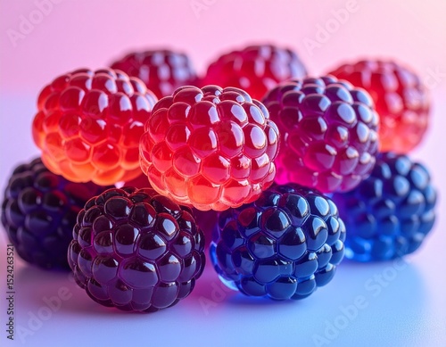 Ethereal cluster of boysenberries with glowing purple-red glass skins and delicate reflections