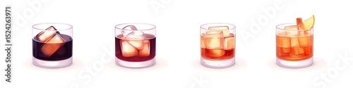 Four cocktails with ice cubes in glass tumblers