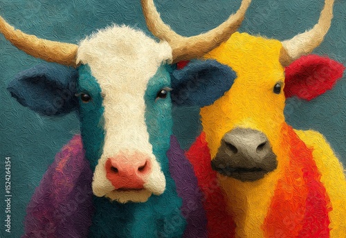 Colorful oil painting, two cows in portrait style.