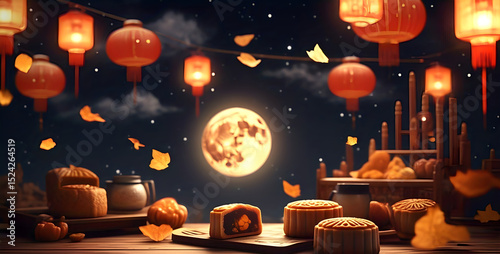 traditional Chinese lanterns floating golden leaves and mooncakes on a wooden table