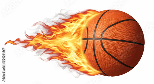 A decorative orange basketball surrounded by bright yellow, orange, and red flames. It features wisps of smoke and fine details on a pure white background. Vector