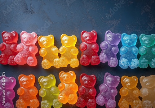 Multicolored gummy bears on dark background.
