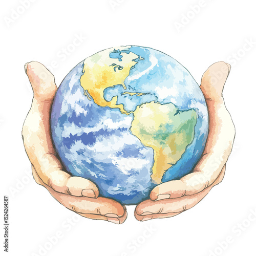 Watercolor Earth Globe Held Gently in Two Hands Showing the Americas