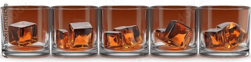 Five whiskey glasses with ice