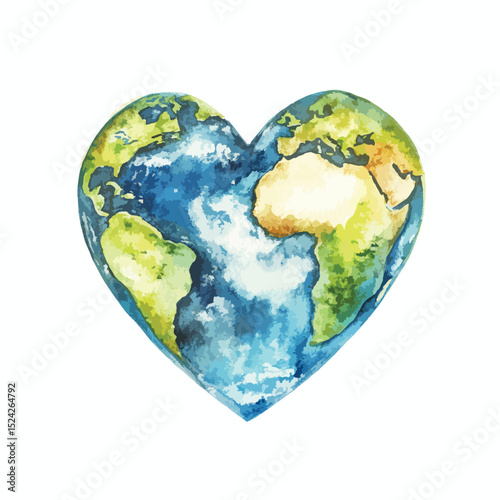 Watercolor Earth Globe in Heart Shape Depicting Continents and Oceans