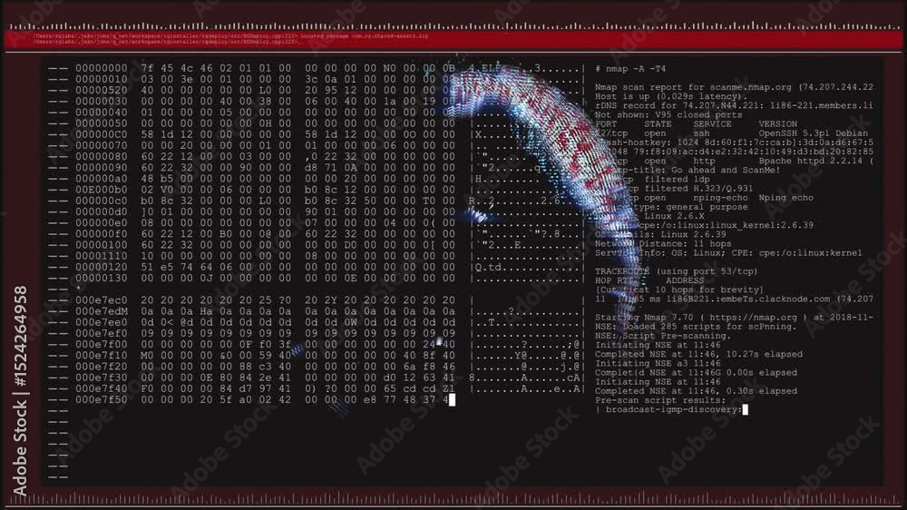 After pixel sphere appearing rotating globe spinning while data scrolling to visualize network scan