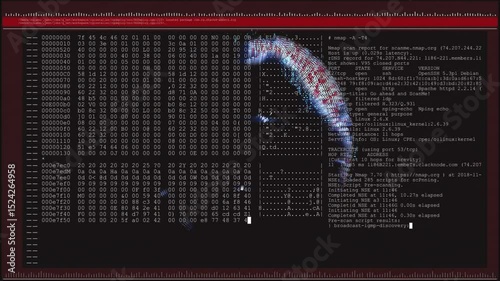 After pixel sphere appearing rotating globe spinning while data scrolling to visualize network scan