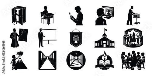 Education Icons A Diverse Collection of Black and White Illustrations Representing Various Aspects of Learning and Teaching