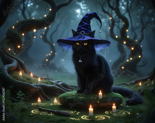 Mystical black cat wearing witch hat in enchanted forest halloween scene