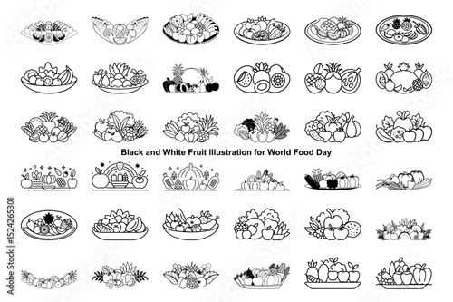 Fruit and Vegetable Assortment Line Art Collection in Dishes & Bowls, Black and White