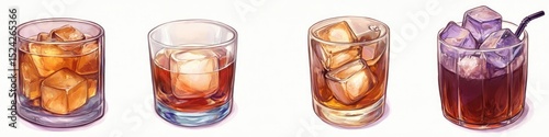 Four illustrated glasses of alcoholic drinks with ice